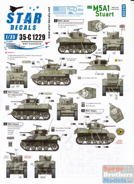 SRD35C1229 1:35 Star Decals - US M5A1 Stuart Early & Late Turrets - 75th D-Day Special Normandy and France in 1944