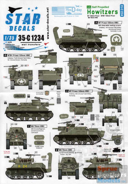 SRD35C1234 1:35 Star Decals - US Self-Propelled Howitzers  - 75th D-Day Special Normandy and France in 1944