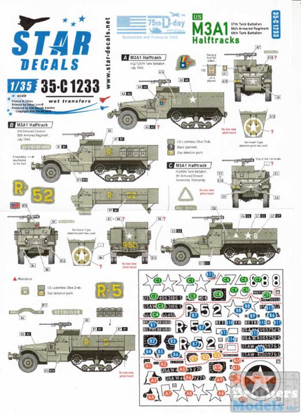 SRD35C1233 1:35 Star Decals - US M3A1 Halftracks  - 75th D-Day Special Normandy and France in 1944