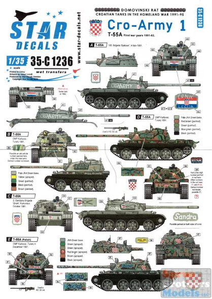 SRD35C1236 1:35 Star Decals - Croatian Tanks in the Homeland War 1991-95 - Cro-Army #1 - T-55A