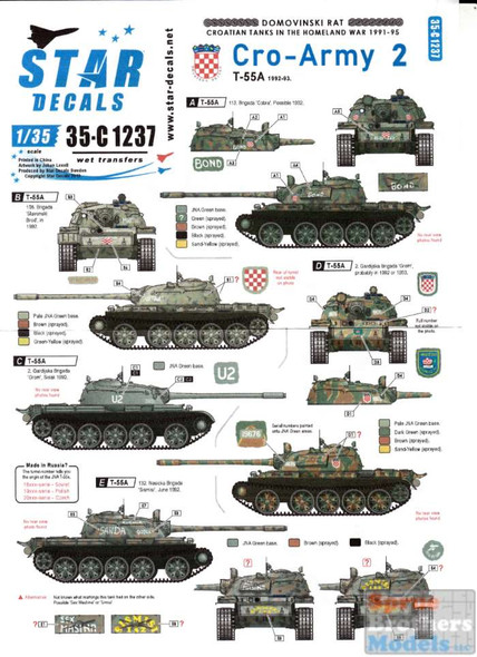 SRD35C1237 1:35 Star Decals - Croatian Tanks in the Homeland War 1991-95 - Cro-Army #2 - T-55A