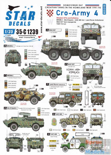 SRD35C1239 1:35 Star Decals - Croatian Tanks in the Homeland War 1991-95 - Cro-Army #4 - Wheeled AFVs and Softskins