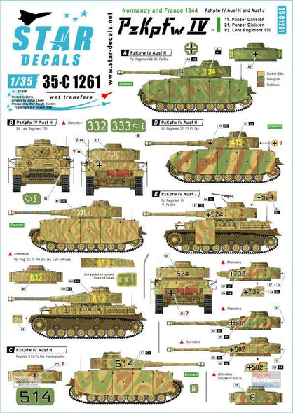 SRD35C1261 1:35 Star Decals - Panzer Pz.Kpfw.IV Ausf.H & J Normandy & France 1944 Part 1