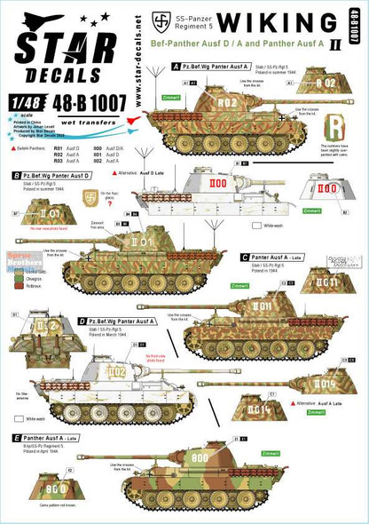 SRD48B1007 1:48 Star Decals - Wiking Part 2: Panther Ausf.A Befehls-Panther Ausf.D