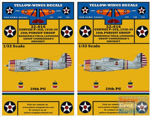 YWD32016 1:32 Yellow Wings Decals Early Curtiss P-36A Fighter 20th PG #32016