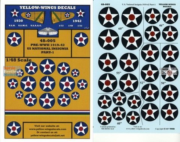 YWD48005 1:48 Yellow Wings Decals Pre-WW2 1919-42 US National Insignia Pt 1