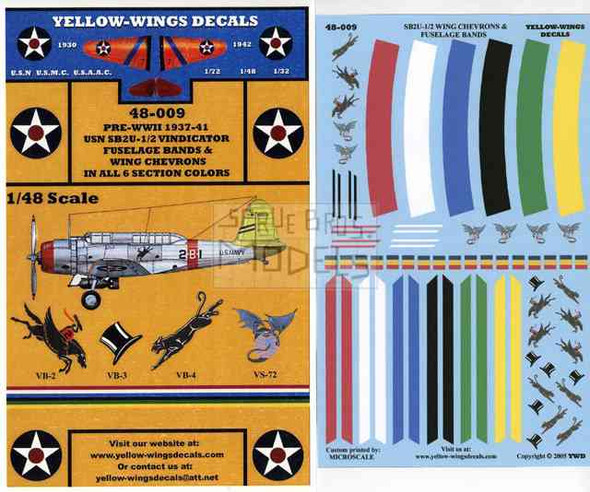 YWD48009 1:48 Yellow Wings Decals SB2U-1/2 Vindicator 1937-41 Fuselage Bands & Wing Chevrons #48009