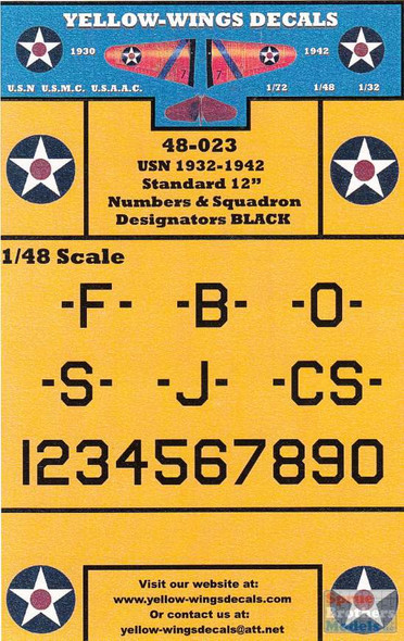 YWD48023 1:48 Yellow Wings Decals USN 1932-42 Black Standard 12" Numbers & Squadron Designators