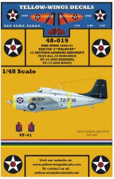 YWD48019 1:48 Yellow Wings Decals USN F4F-3 Wildcat Section Leaders Aircraft VF-41 & VF-72 #48019