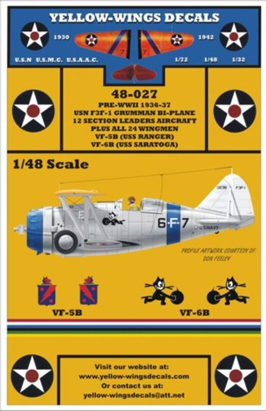 YWD48027 1:48 Yellow Wings Decals USN F3F-1 Section Leaders Aircraft VF-5B & VF-6B #48027