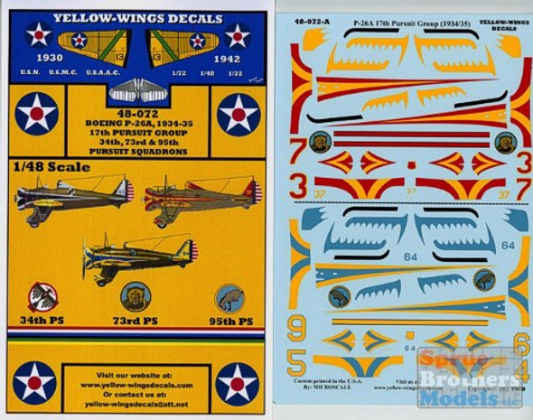 YWD48072 1:48 Yellow Wings Decals USAAC Boeing P-26A Peashooter #48072