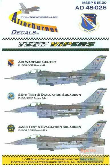 AFD48026 1:48 Afterburner Decals F-16CJ F-16DJ F-16CG "Test Vipers" Nellis/Eglin AFB*