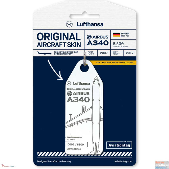 AVT058 AviationTag Airbus A340 (Lufthansa) Reg #D-AIHR White Original Aircraft Skin Keychain/Luggage Tag/Etc With Lost & Found Feature