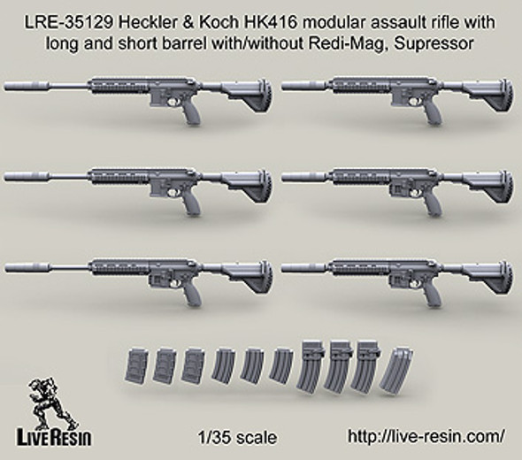 LVRLRE35129 1:35 LiveResin Heckler & Koch HK416 Modular Assault Rifle (Long and Short Barrel with/without Redi-Mag, Suppressor)