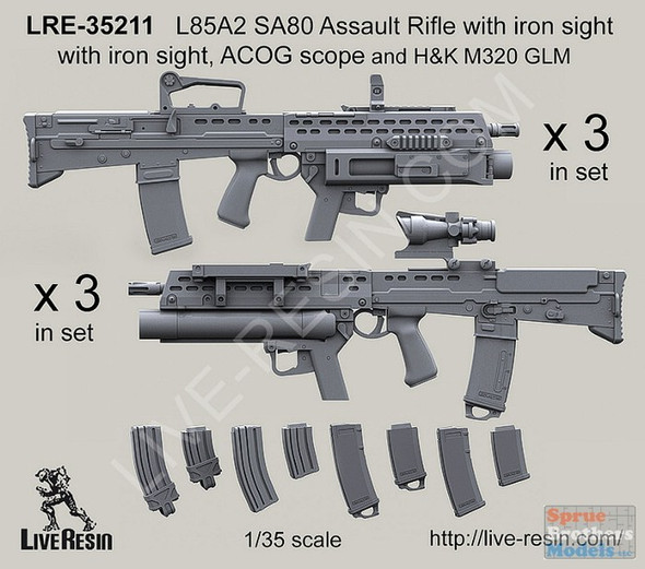 LVRLRE35211 1:35 LiveResin L85A2 SA80 Assault Rifle with Iron Sight, ACOG Scope & H&K M320 GLM