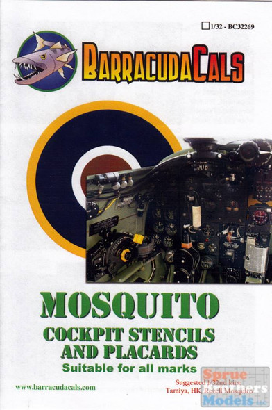 BARBC32269 1:32 BarracudaCals Mosquito Cockpit Stencils and Placards (for all marks)