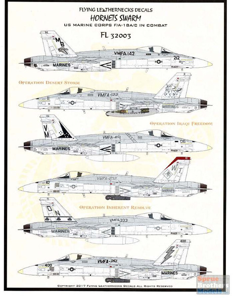 ORDFL32003 1:32 Flying Leathernecks Decals - F-18A F-18C Hornet "Hornets Swarm" US Marine Corps F/A-18A/C In Combat