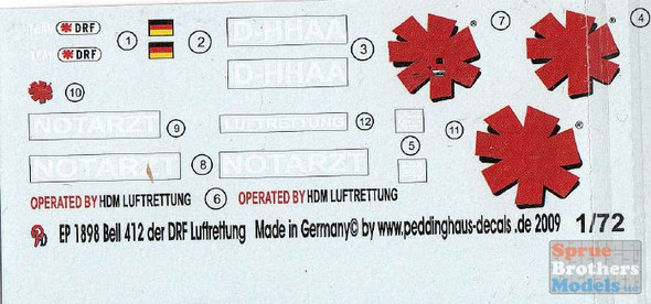 PDH1898 1:72 Peddinghaus Decals - Bell 412 DRF Luftrettung D-HHAA