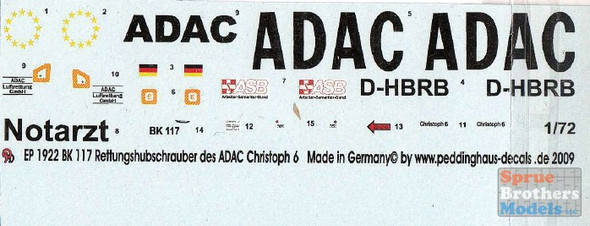 PDH1922 1:72 Peddinghaus Decals - BK 117 Rescue Helicopter of the ADAC Christoph 6 D-HBRB