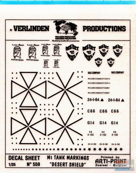 VER0559 1:35 Verlinden Dry Transfer - M1 Abrams Tank Markings Desert Shield