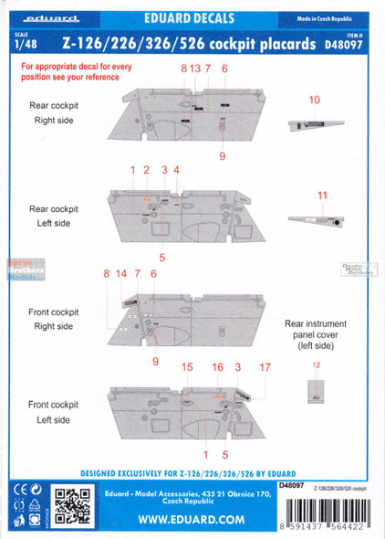 EDUD48097 1:48 Eduard Decals - Zlin Z-126/226/326/526 Cockpit Placards