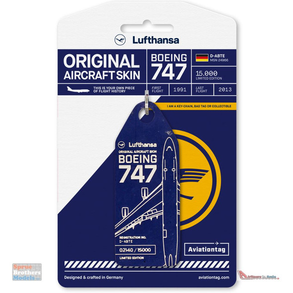 AVT094 AviationTag B747-400 (Lufthansa) Reg #D-ABTE Blue Original Aircraft Skin Keychain/Luggage Tag/Etc With Lost & Found Feature