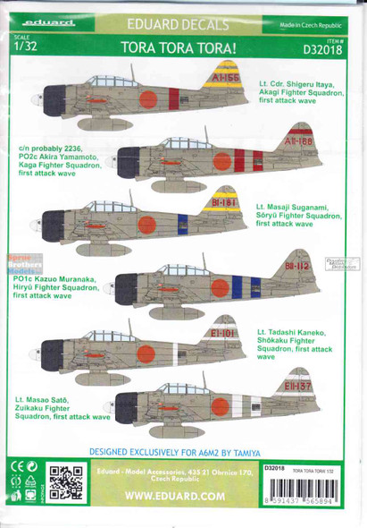 EDUD32018 1:32 Eduard Decals - A6M2 Zero Tora Tora Tora!  (TAM kit)