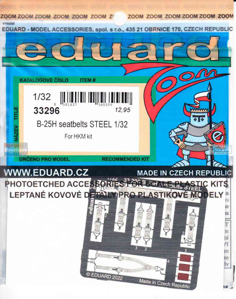 EDU33296 1:32 Eduard Zoom Color PE - B-25H Mitchell Seatbelts [STEEL] (HKM kit)