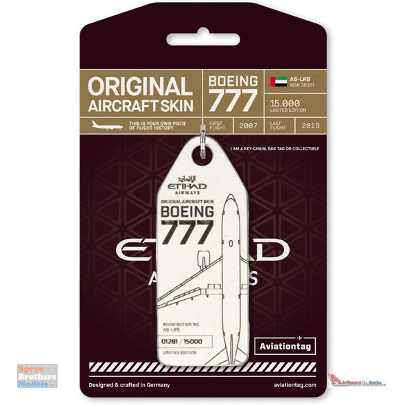 AVT097 AviationTag B777-200LR (Etihad) Reg #A6-LRB Pearl Original Aircraft Skin Keychain/Luggage Tag/Etc With Lost & Found Feature