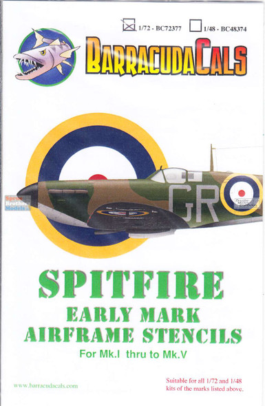 BARBC72377 1:72 BarracudaCals Spitfire Early Mark Airframe Stencils (for Mk.I thru Mk.V)