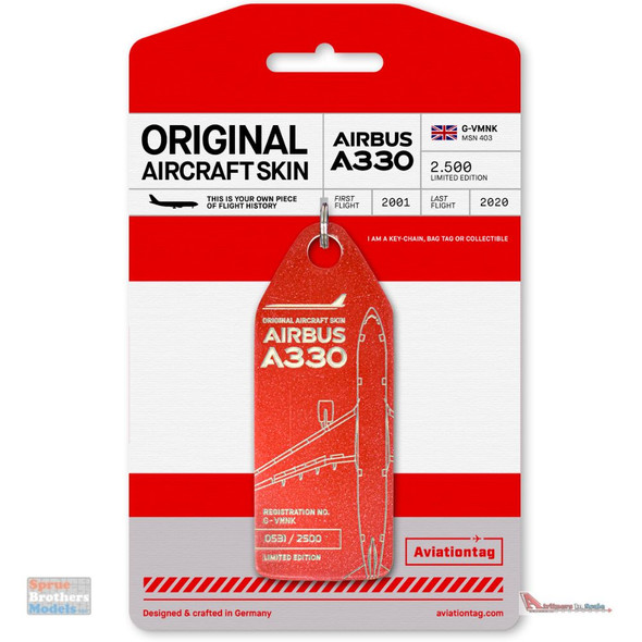 AVT111 AviationTag A330-233 (Virgin Atlantic) Reg #G-VMNK Red Original Aircraft Skin Keychain/Luggage Tag/Etc With Lost & Found Feature