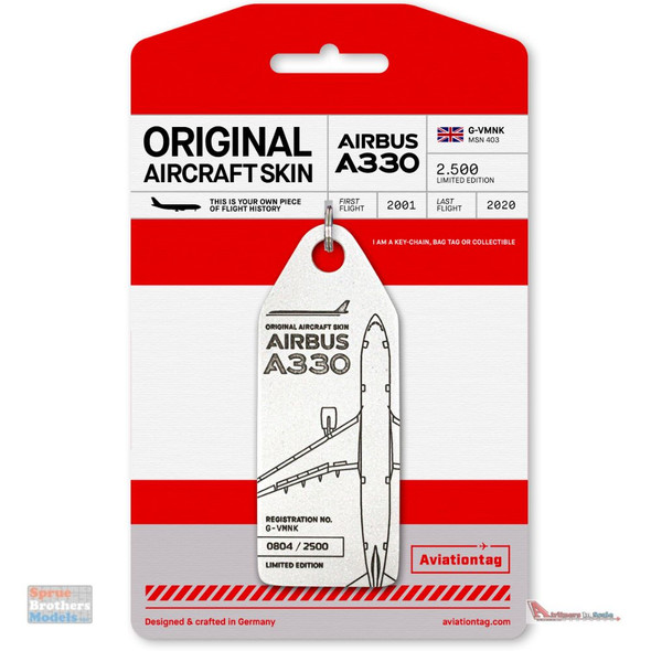 AVT112 AviationTag A330-233 (Virgin Atlantic) Reg #G-VMNK White Original Aircraft Skin Keychain/Luggage Tag/Etc With Lost & Found Feature