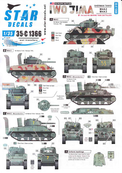 SRD35C1366 1:35 Star Decals - US Pacific Battles: Iwo Jima M4A2 M4A3 Sherman Tanks