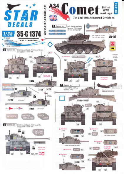 SRD35C1375 1:35 Star Decals - A34 Comet Post-War Operators