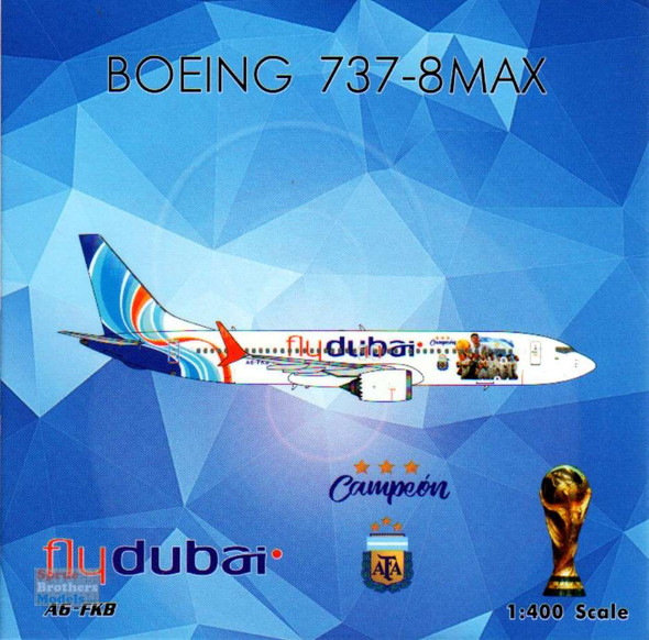 PHX04503 1:400 Phoenix Model FlyDubai B737 Max 8 Reg #A6-FKB 'Argentina Campeon' (pre-painted/pre-built)