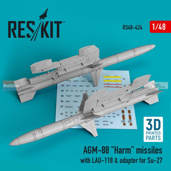 RESRS480424 1:48 ResKit AGM-88 Harm Missiles with LAU-118 & Adaptor for Su-27 Flanker