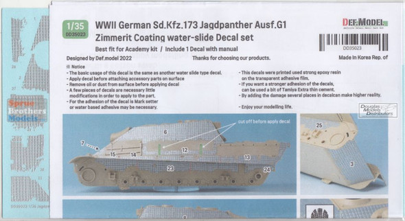 DEFDD35023 1:35 DEF Decal - Sd.Kfz.173 Jagdpanther G1 Zimmerit Coating Water Slide Decal Sheet (ACA kit)
