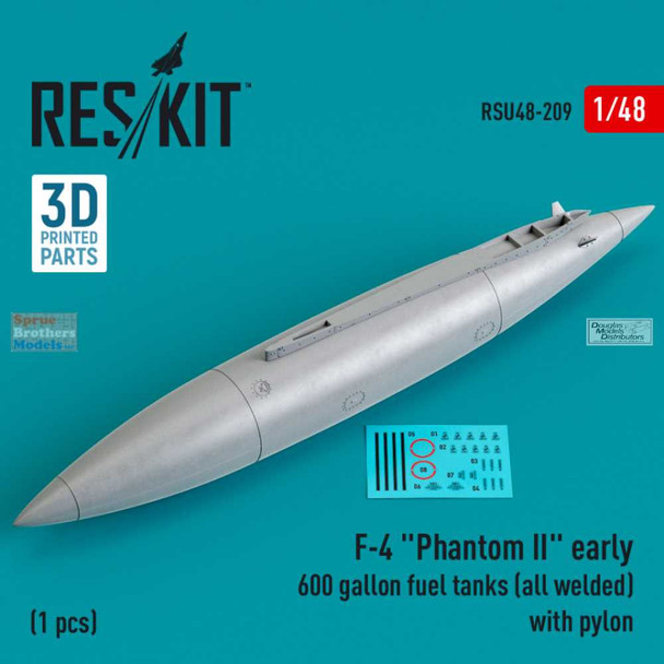 RESRSU480209U 1:48 ResKit USAF F-4 Phantom II Early 600-gal Fuel Tank (Welded) with Pylon