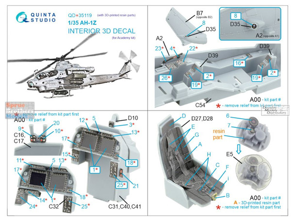 QTSQD35119R 1:35 Quinta Studio Interior 3D Decal - AH-1Z Viper with Resin Parts (ACA kit)