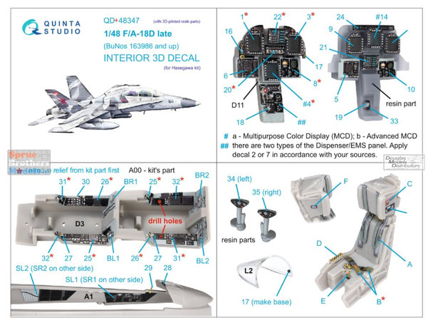 QTSQD48347R 1:48 Quinta Studio Interior 3D Decal - F-18D Hornet Late [BuNo 163986 and up] with Resin Parts (HAS kit)