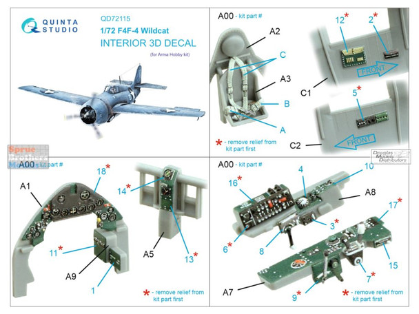 QTSQD72115 1:72 Quinta Studio Interior 3D Decal - F4F-4 Wildcat (ARM kit)