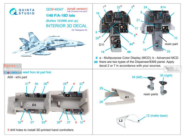 QTSQDS48347R 1:48 Quinta Studio Interior 3D Decal - F-18D Hornet Late [BuNo 163986 and up] with Resin Parts (HAS kit) Small Version