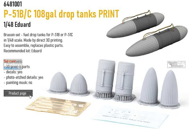 EDU6481001 1:48 Eduard Brassin Print - P-51B P-51C Mustang 108-gallon Drop Tanks (EDU kit)