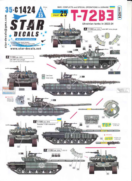 SRD35C1424 1:35 Star Decals - War in Ukraine #25: T-72B3 Ukrainian Tanks 2022-24