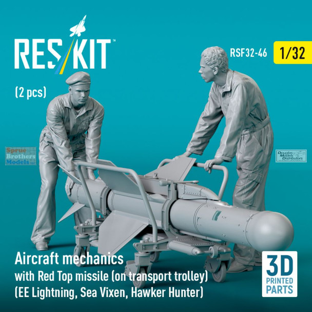 RESRSF320046F 1:32 ResKit Aircraft Mechanics with Red Top Missile (on Transport Trolley) Figure Set