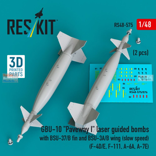 RESRS480575 1:48 ResKit GBU-10 Paveway I Laser Guided (Slow Speed) Bombs with BSU-37/B Fin & BSU-3A/B Wing