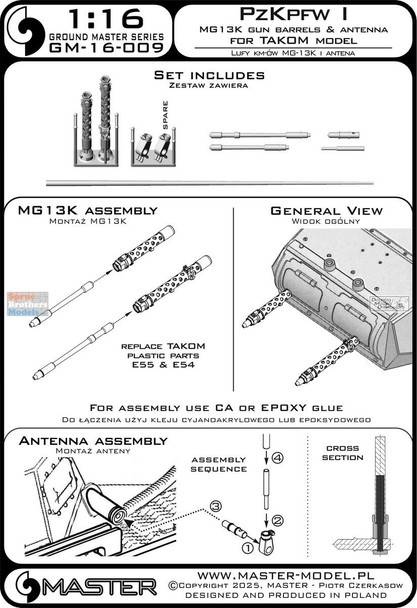 MASGM16009 1:16 Master Model Panzer Pz.Kpfw.I MG13K Gun Barrels & Antenna (TAK kit)