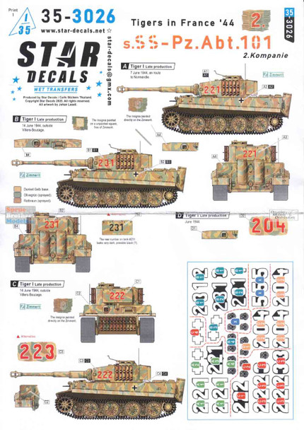 SRD353026 1:35 Star Decals - Tigers in France 1944 #2: s.SS-Pz.Abt.101 2.Companie
