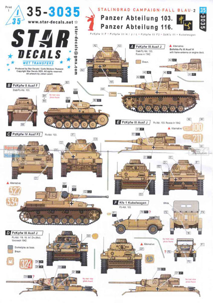 SRD353035 1:35 Star Decals - Stalingrad Campaign Fall Blau #2: Panzer Abt. 103 & Panzer Abt 116