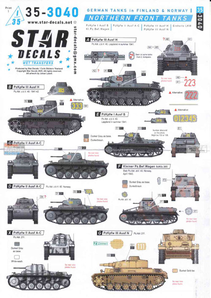 SRD353040 1:35 Star Decals: German Tanks in Finland & Norway # 1 - Northern Front Tanks